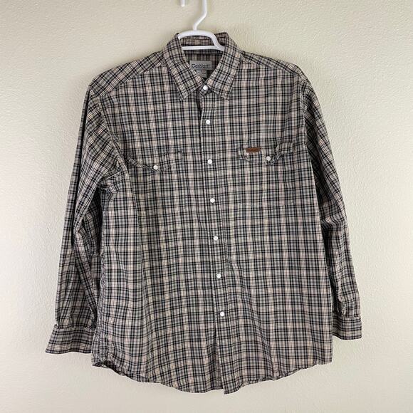 Carhartt Shirt Men's Large Tan Plaid Peral Snap Long Sleeve Button Front Outdoor - Picture 1 of 11